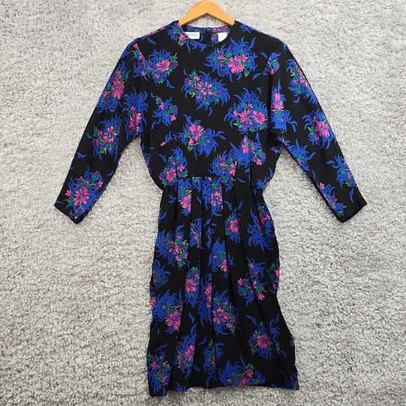 Liz Claiborne Dress Womens 6 Black Colorful Floral Rayon‎ Mini Pleated 80s Retro - Picture 1 of 16
